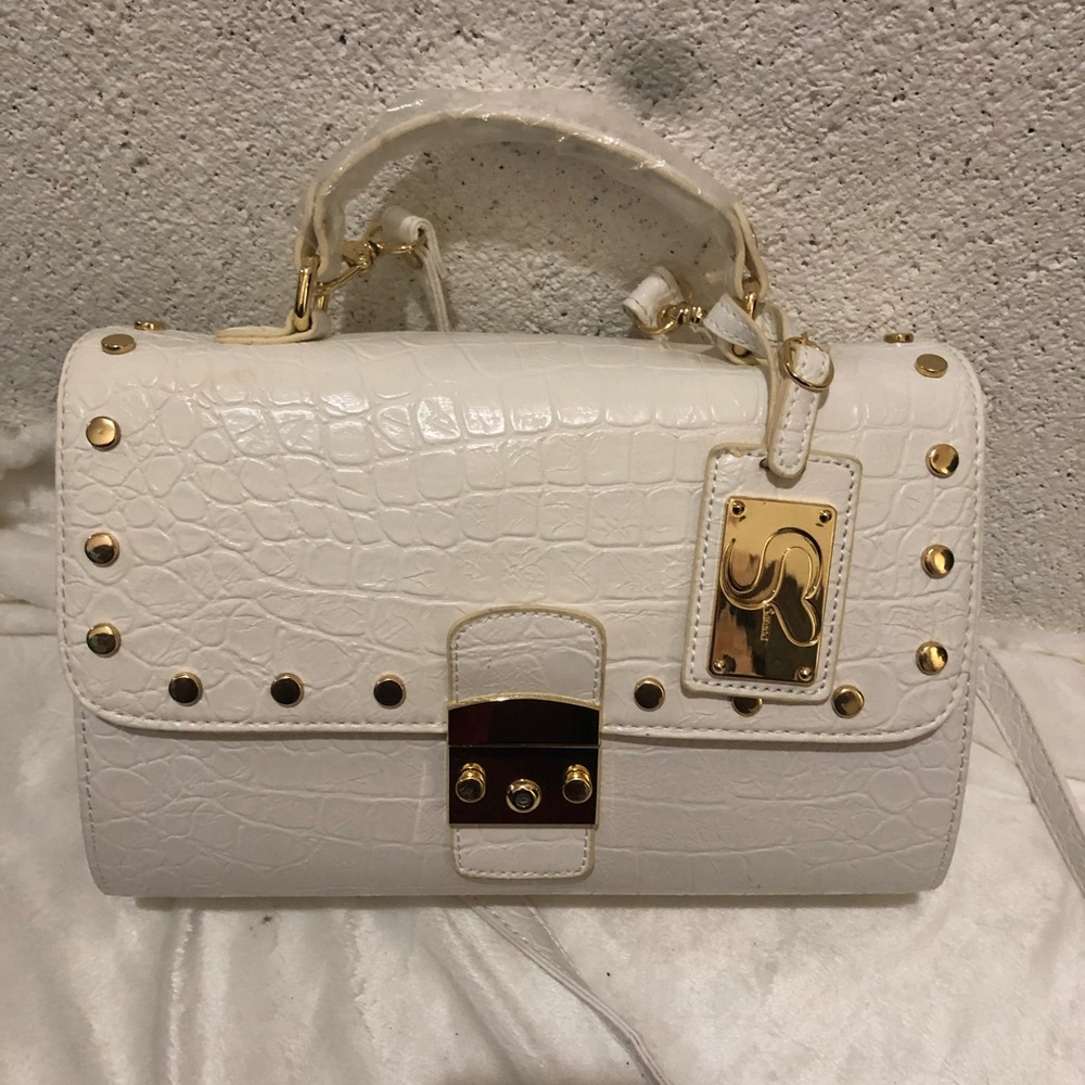 Serena off white crocodile pattern top handle bag